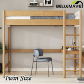 Bellemave® Twin Size Rubber Wooden Loft Bed with Desk and Ladder, Safety Guardrails and Teddy Fleece Fabric Headboard/Footboard - Bellemave